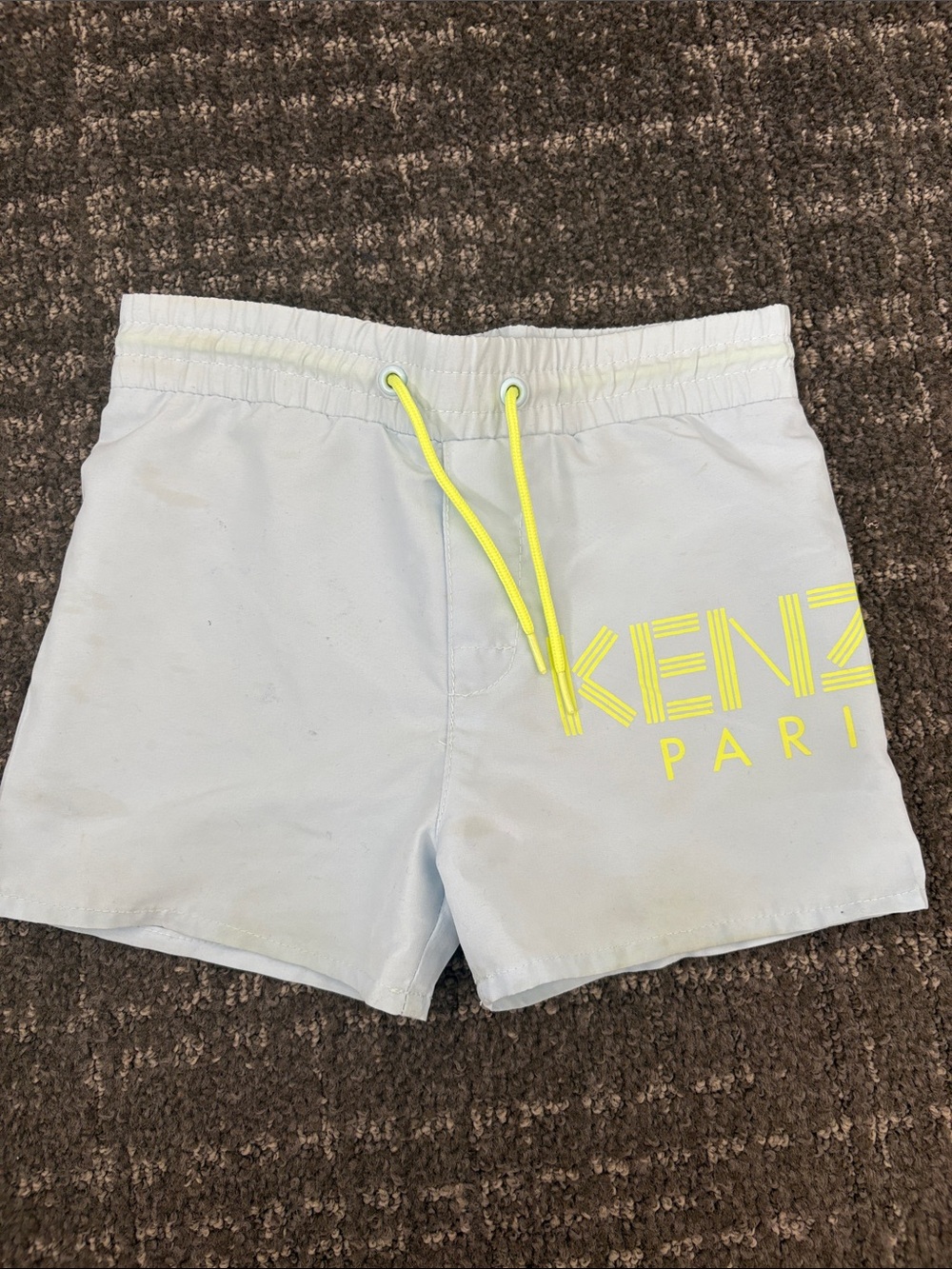 KENZO Light Blue Swim Shorts with Neon Yellow Logo and Drawcord